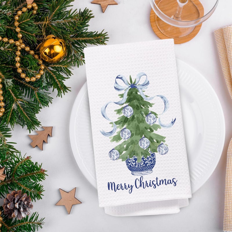 SPBL&L Chinoiserie Christmas Kitchen Towels,Set of 2 Blue Bow Coquette Christmas Tree Dish Towels for Kitchen Bathroom, Blue Christmas Hand Towels for Bathroom Kitchen, Grandmillennial Decor,16x24 Inches - Image 4